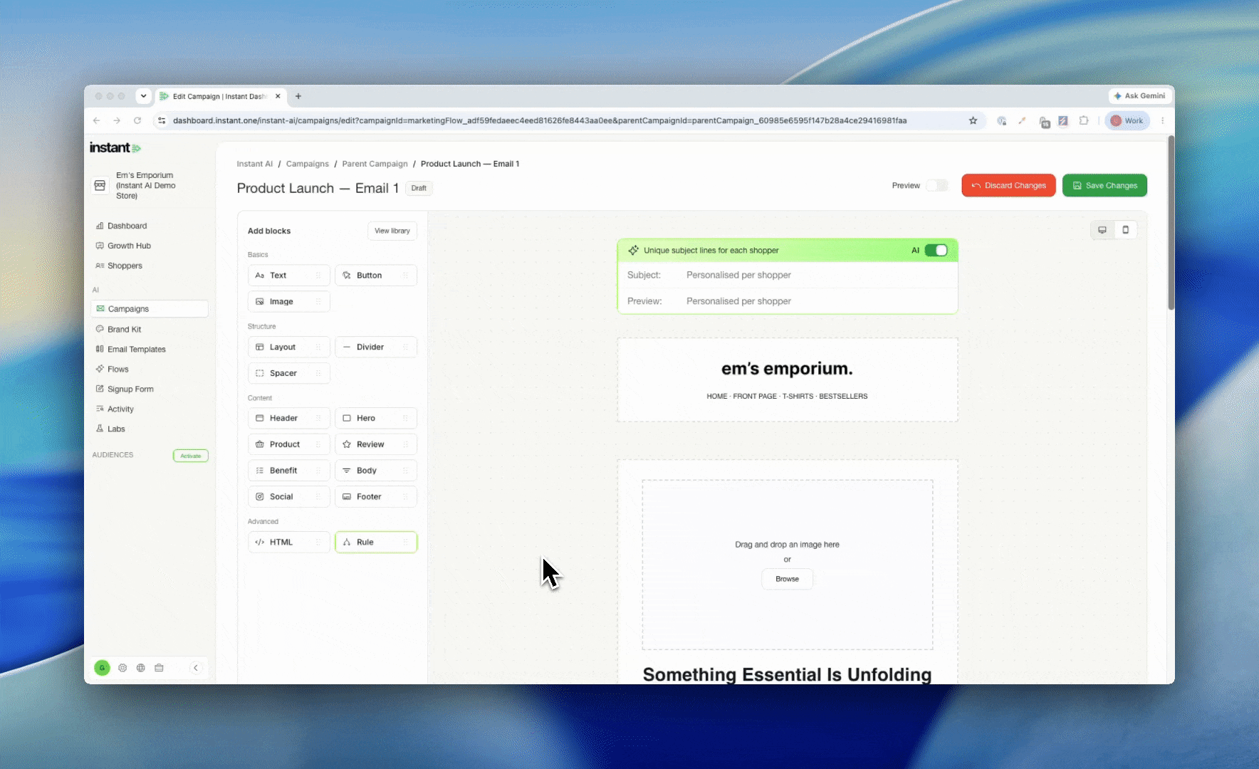 Drag and drop blocks onto the email editor