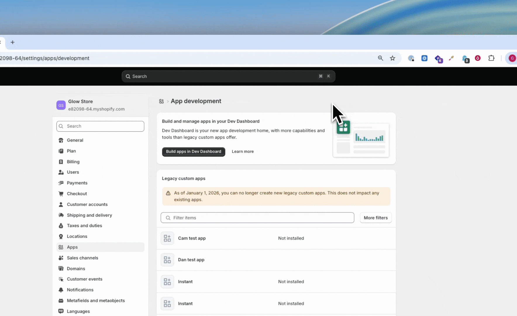 Open the Shopify Dev Dashboard