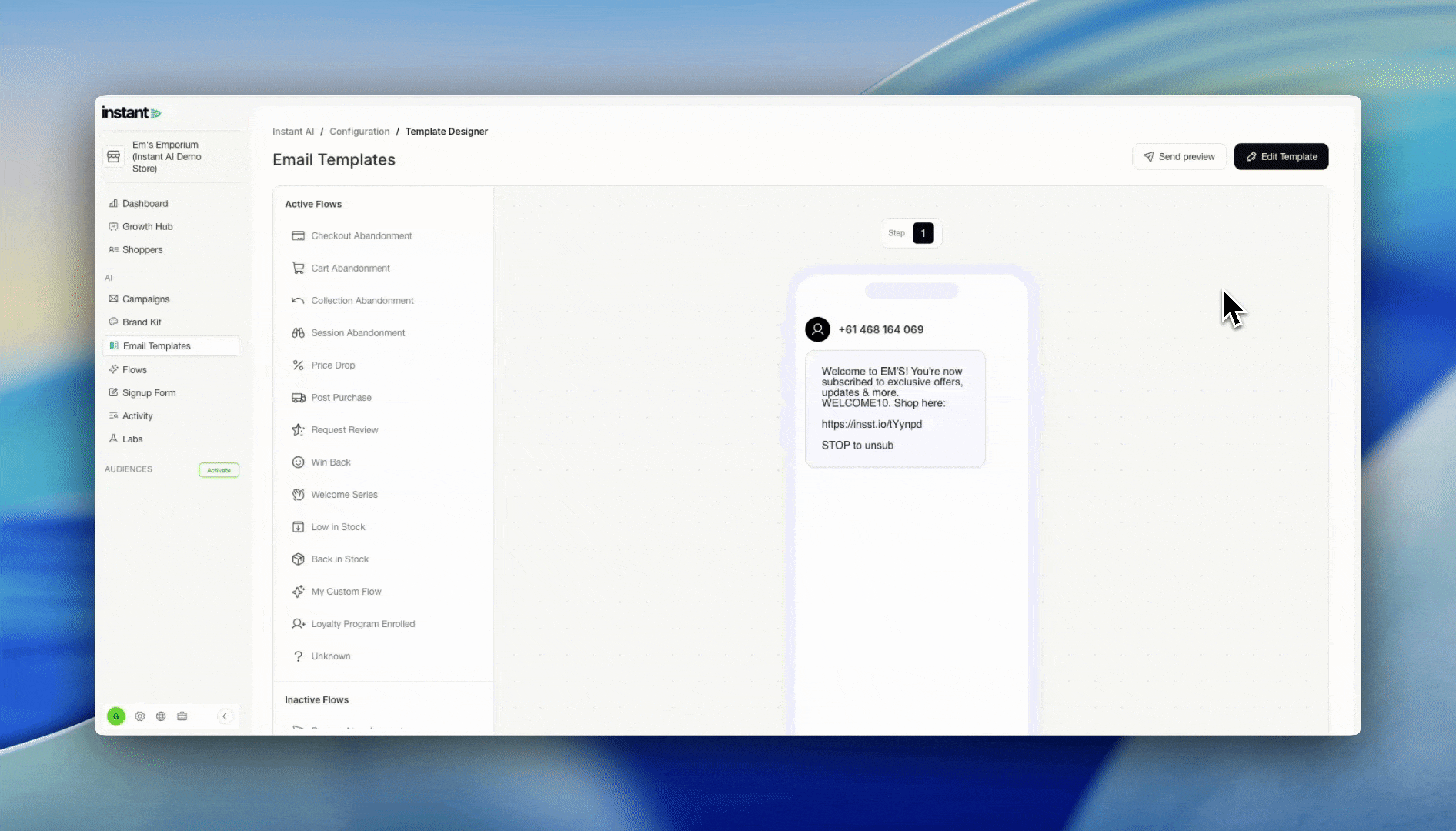 SMS Welcome flow in the Instant AI dashboard